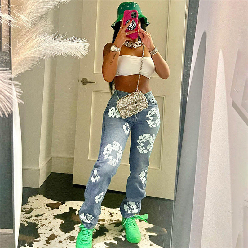 Fashionable Printed High Waist Straight Jeans For Women - Bellarte Enchanté Fashionable Printed High Waist Straight Jeans For Women